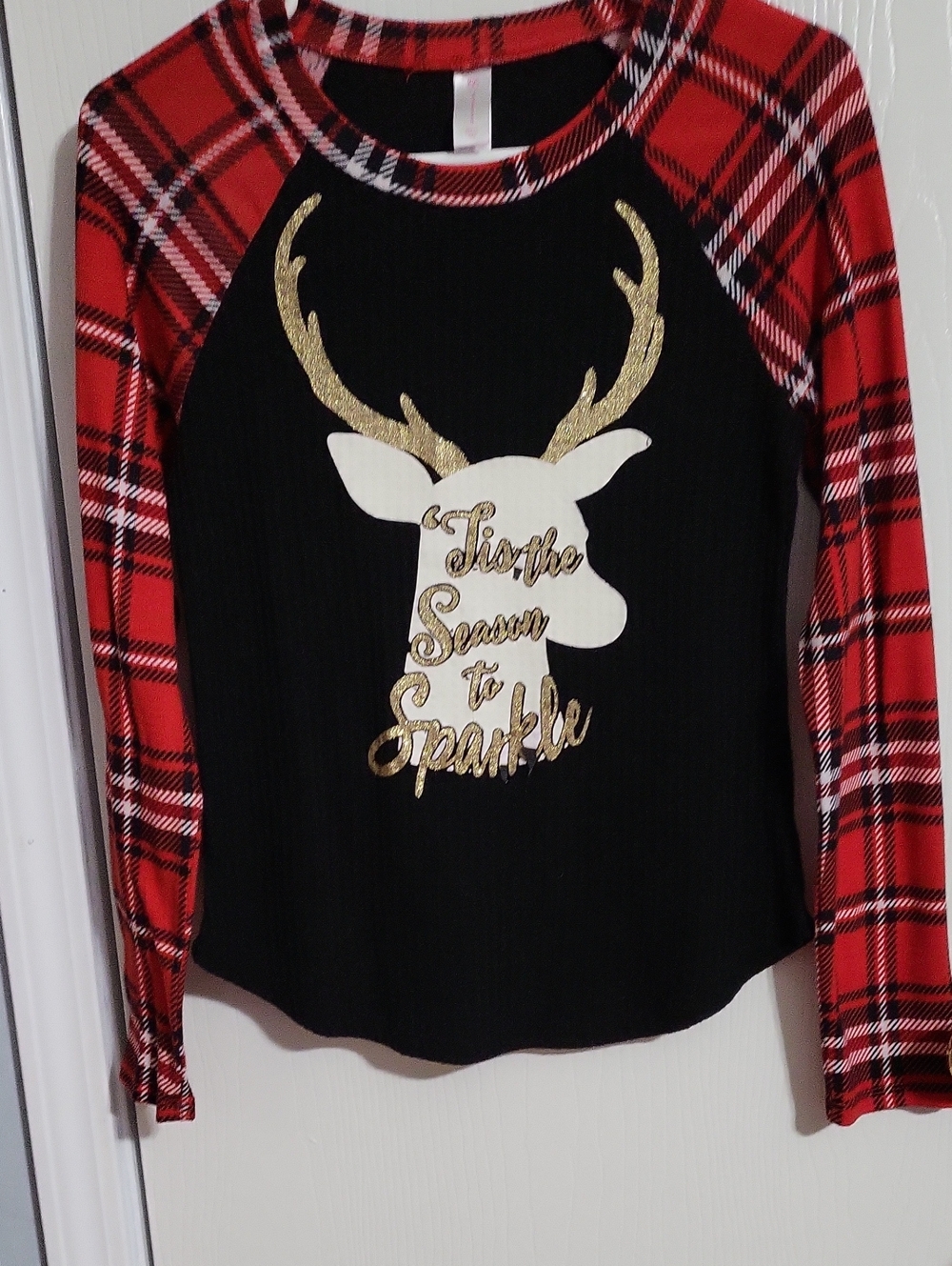 ShirtNo Boundarie Black Raglan Sweatshirt with Red Plaid Sleeves & Gold Reindeer